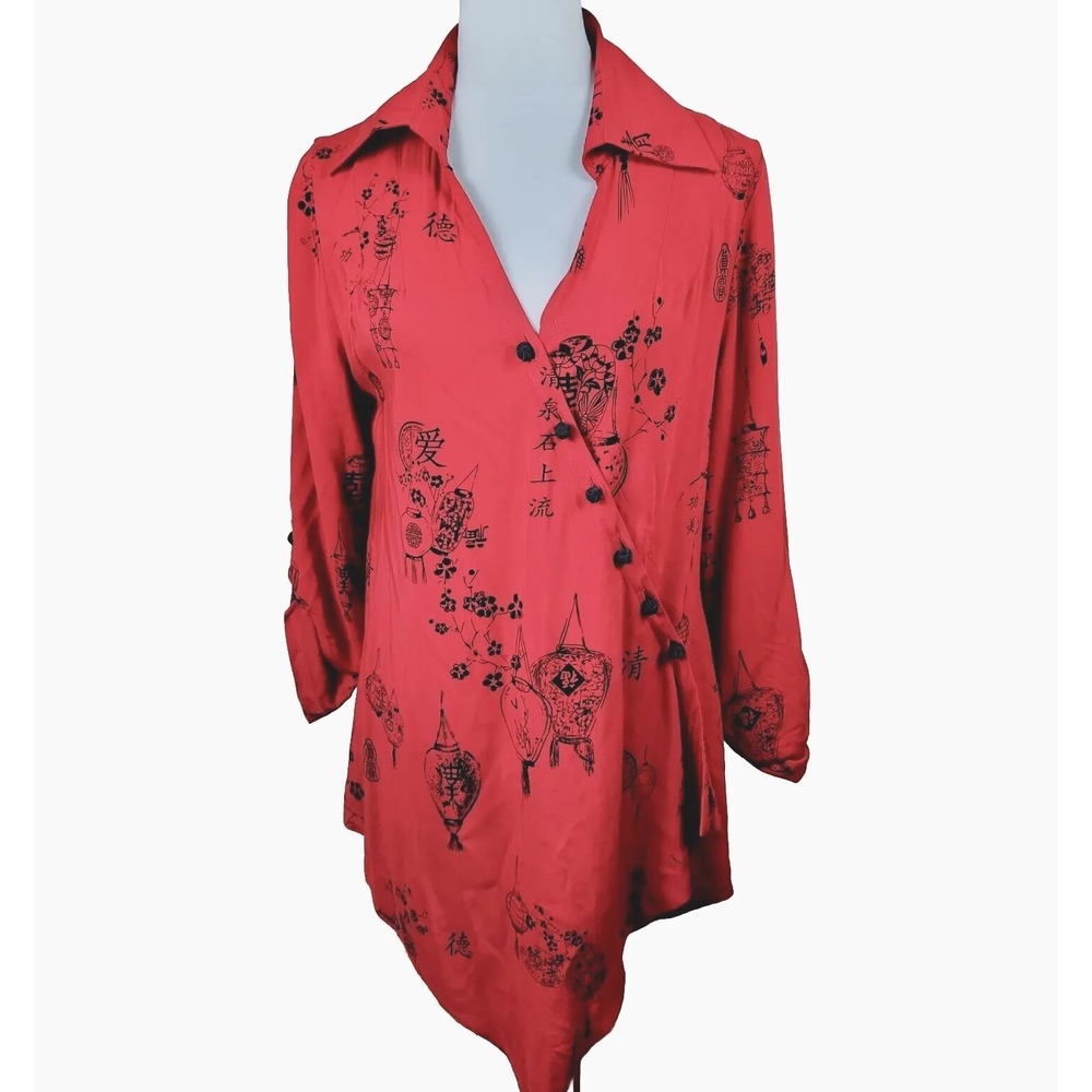 Soft Surroundings Womens Artsy Top Size Small Red & Black Asian Floral Blouse
